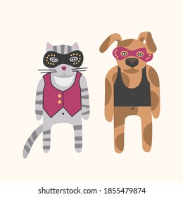 Cat and dog in carnival, robber or thief mask. Pet illustrations on light background