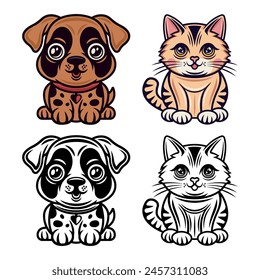 Cat and dog cartoon characters set of vector illustrations in two styles, monochrome and colored