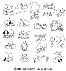 Cat And Dog Celebrate Birthday. Collection Of Outline Vector Icons.