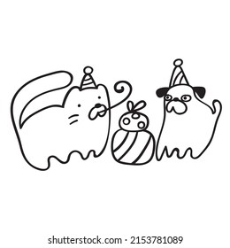 Cat and dog celebrating birthday. Gift boxes. Birthday party. Vector outline illustration.