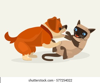 Cat And Dog Character Fight. Vector Flat Cartoon Illustration