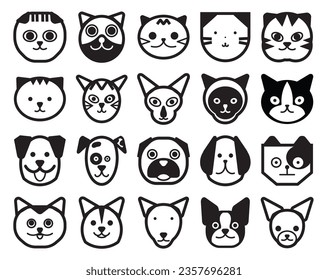 cat dog character line icon set