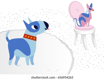 Cat and Dog characters best happy friends. Bull terrier and sphinx. Vector flat cartoon illustration isolated on white.