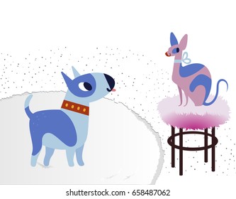 Cat and Dog characters best happy friends. Bull terrier and sphinx. Vector flat cartoon illustration on white.