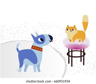 Cat and Dog characters. Bullterrierand sphinx. Vector flat cartoon illustration. Isolated on white background.