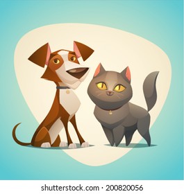 Cat And Dog Characters. Cartoon Styled Vector Illustration.