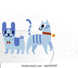 Cat and Dog characters. French bulldog and striped cat in a red collar with a bell. Vector flat cartoon illustration. Isolated on white