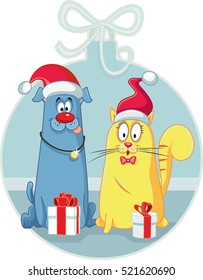 Cat and Dog with Christmas Gifts Vector Cartoon - Vector cartoon of funny Xmas pets

