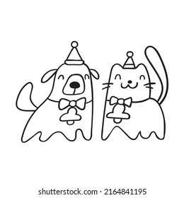 Cat And Dog. Christmas Party. Outline Vector Illustration.