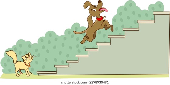 cat and dog climbing stairs cartoon vector