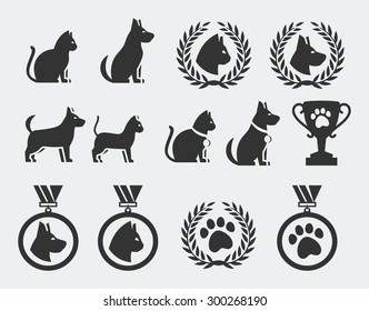 Cat and dog competition and awards vector icon set