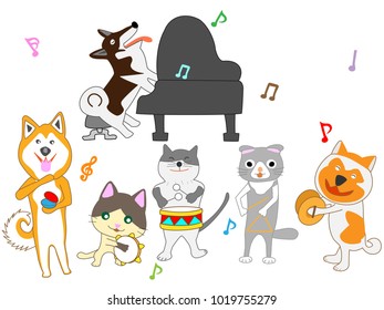 Cat and dog  concert illustration. Cats and dogs playing musical instruments.
