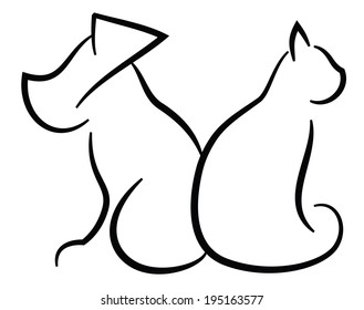 Cat and Dog Contour Simplified Black Silhouettes isolated on white