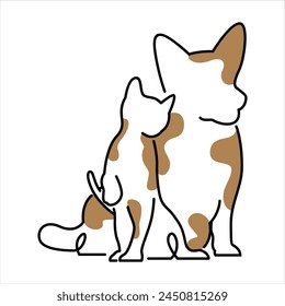 Cat Dog Couple Simple White Brown Fun Cartoon Doodle Line Clip Art