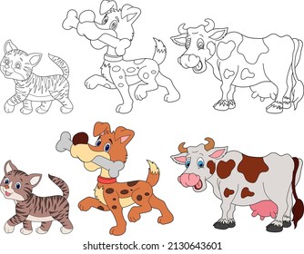 cat, dog and cow vector drawing for coloring book.