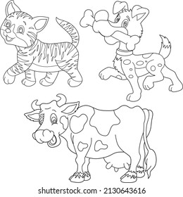 cat, dog and cow vector drawing for coloring book.