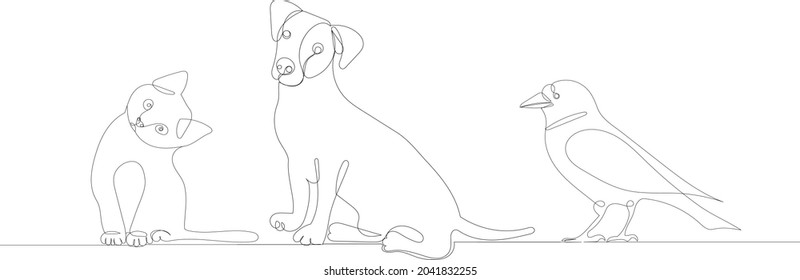 cat, dog and crow one continuous line drawing, isolated