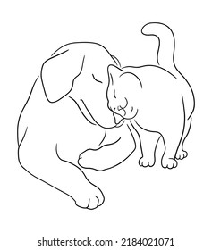 Cat and dog cuddle. Cat rubs against a dog. Line art sketch of kitten and dog. Pets friendly concept