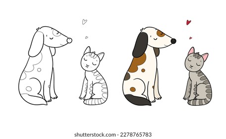 Сartoon cat and dog. Cute animals.Illustration for coloring books. Monochrome and colored versions.
