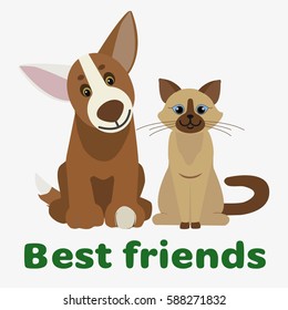 Cat and Dog. Domestic animals. Favorite pets. Best friends. Isolated on white background. Flat vector illustration