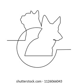 A cat and a dog are drawn by a single black line on a white background. One-line drawing. Continuous line. Pets. Vector Eps10