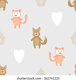 Cat and dog dreaming about a house. Vector seamless pattern with pet protection concept