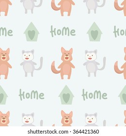 Cat and dog dreaming about a house. Vector seamless pattern with pet protection concept