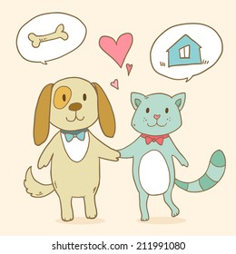 Cat and dog dreaming of a house and food. Vector illustration with pet protection concept