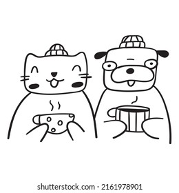 Cat and dog drink coffee. Outline vector illustration on white background.