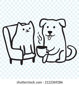 Cat And Dog Drinking Tea Or Coffee. Fun Pets Illustration.