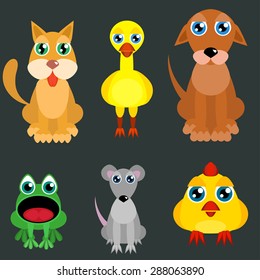 cat, dog, duck, chicken, rat and and frog - a collection or set of vector animals flat