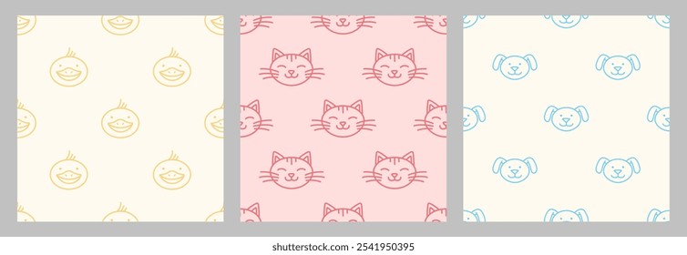 Gato, cachorro, cara de pato, padrões de focinho definidos. Texturas infantis em estilo doodle para projetar roupas de bebê. Padrão sem costura desenhado à mão com personagens de desenho animado. Coleta de impressões de viveiro boêmio. Vetor