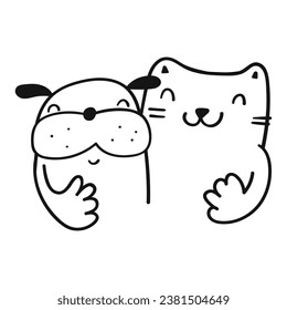 Cat and dog embrace. 
Friendship. Vector outline illustration on white background.