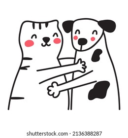 El gato y el perro abrazan. Dibujo dibujado a mano del vector de contorno.