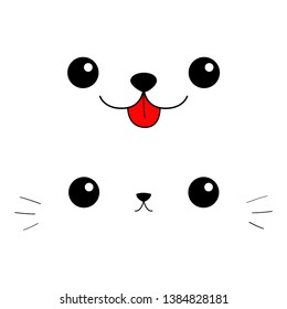 Cat Dog eyes, nose, moustaches, tongue. Cute cartoon kitty character. Head face silhouette icon set. Contour line. Kawaii animal. Funny baby kitten puppy Love card Flat design White background Vector