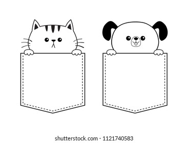 Cat dog face in the pocket holding hands. Doodle contour linear sketch. Cute cartoon animals. Kitten kitty character. Dash line. Pet animal White black color T-shirt design Baby background Flat Vector