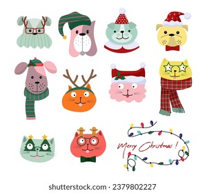 Cat and dog faces in cute hats and glasses. Christmas illustration. Ideal for children for a holiday. A set of funny and cute animals. For stickers, cards, invitations and souvenirs.