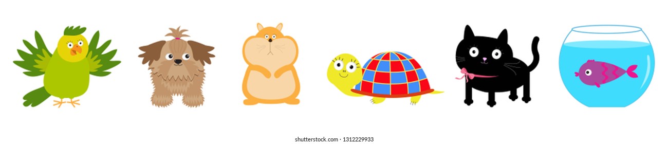 Cat, dog, fish, hamster, parrot, turtle. Pet line set. Cute cartoon kawaii funny baby character. White background Isolated Flat design. Vector illustration