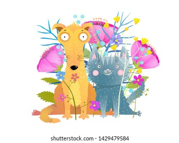 Cat and dog with flowers flat vector illustration. Cute pets with summer flowers vector illustration. Adorable domestic animals sitting with abstract wildflowers. Funny kitten and puppy friends.