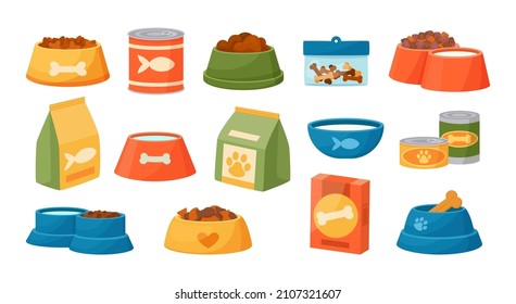 Cat and dog food. Cartoon pet feed containers or packs. Home animals wet and dry meal. Round feeders. Canine or feline conserve cans. Feeding plates. Vector snack packaging and bowls set