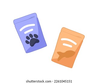 Cat and dog food. Cartoon pet feed containers or packs. Flat vector illustration