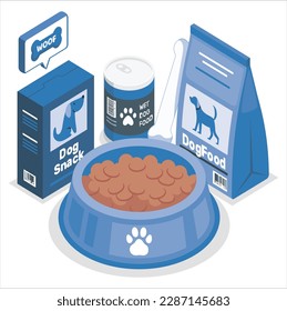 Cat and dog food. Cartoon pet feed containers or packs. Home animals wet and dry meal. Round feeders. Canine or feline conserve cans. Feeding plates. Vector snack packaging and bowls set