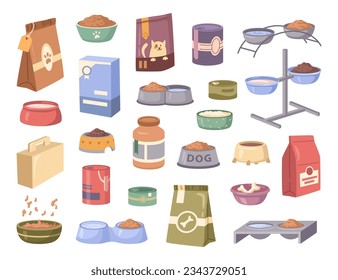 Cat and dog food. Cartoon pet feed containers or packs. Vector illustration of snack packaging and bowls set. Feeding plates, veterinary healthy products, domestic animals nutrition food