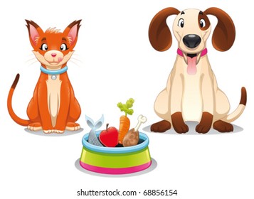 Cat and Dog with food. Funny cartoon and vector scene, isolated objects.