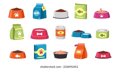 Comida para gatos y perros. Envases para piensos para animales domésticos, tazón de dibujos animados con harina seca y húmeda, concepto de nutrición para mascotas. Colorido vector conjunto. Productos para cachorros y gatitos aislados en blanco