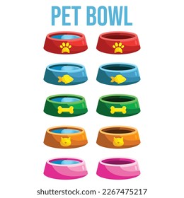 Cat and dog food pet bowl. Cute Cartoon vector illustration pet feed containers, bowl or plate . Home animals wet and dry food meal. Round, bones, square kibble.