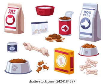 Cat and dog food. Pet store animal care products and snacks, bowls and dry food packages cartoon vector illustration set. Feeding and snacks for domestic characters, shop assortment