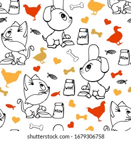 Cat and dog with food in a seamless pattern. Hand drawn black outline on a white background. Children's drawing style. Cute pets with bowls and pet food.