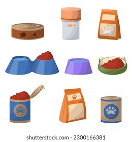 Cat and dog food. A set of containers or packaging for pet food. Dry and wet pet food. Ground feeders. Cans for dogs or cats. Vector illustration.