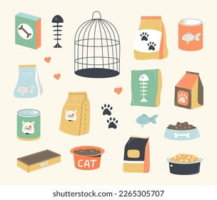 Vector de alimentos para perros y gatos. Cañones, conserva la comida felina. Variedad de tiendas de mascotas. Placa de alimentación. Tazón con comida para mascotas. Paquete de comida seca y húmeda. Vitaminas para animales domésticos. С edad para el loro